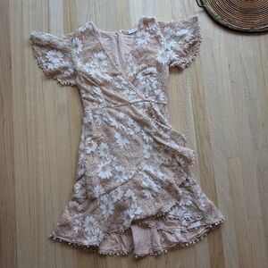 Lush Floral Lace Wrap Mini Dress in Neutral Tan (Size M)